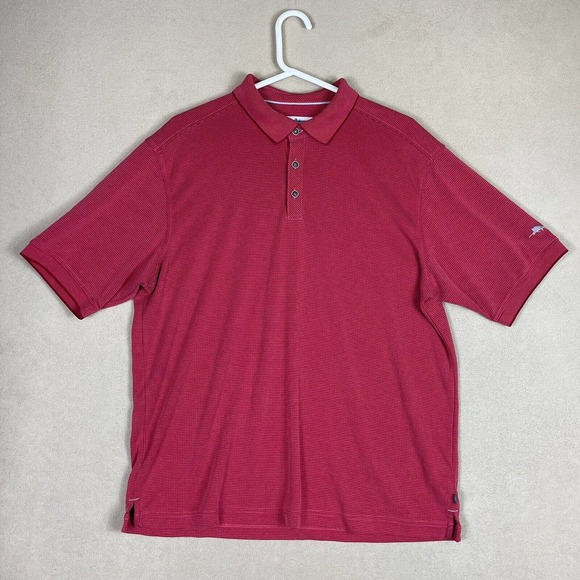 Tommy Bahama Mens L Short Sleeve Polo Shirt Red Slit Hem Embroidered Logo - Picture 1 of 10